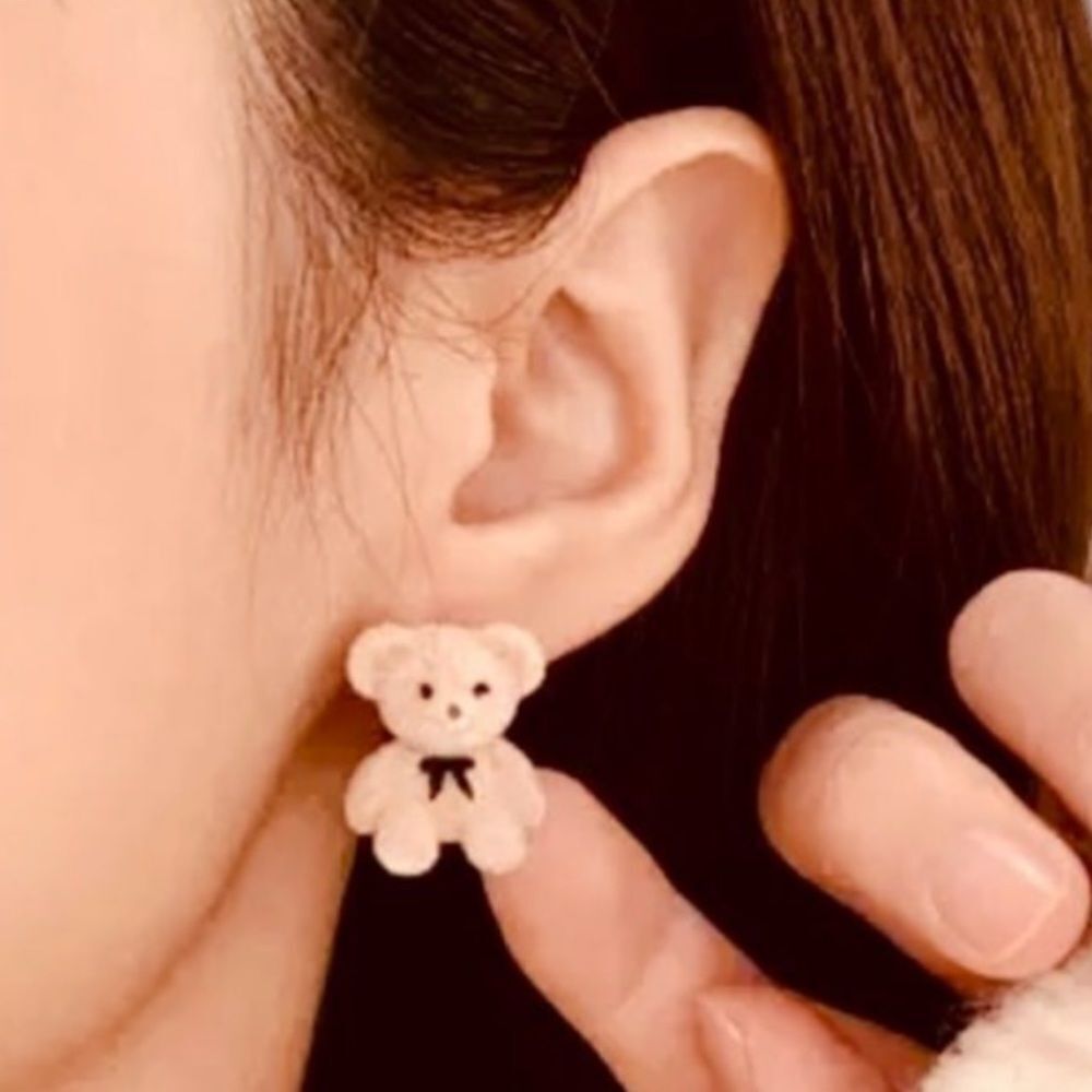 Cute Tan Teddy Bear Flocked Fuzzy Black Bow  Post Earrings